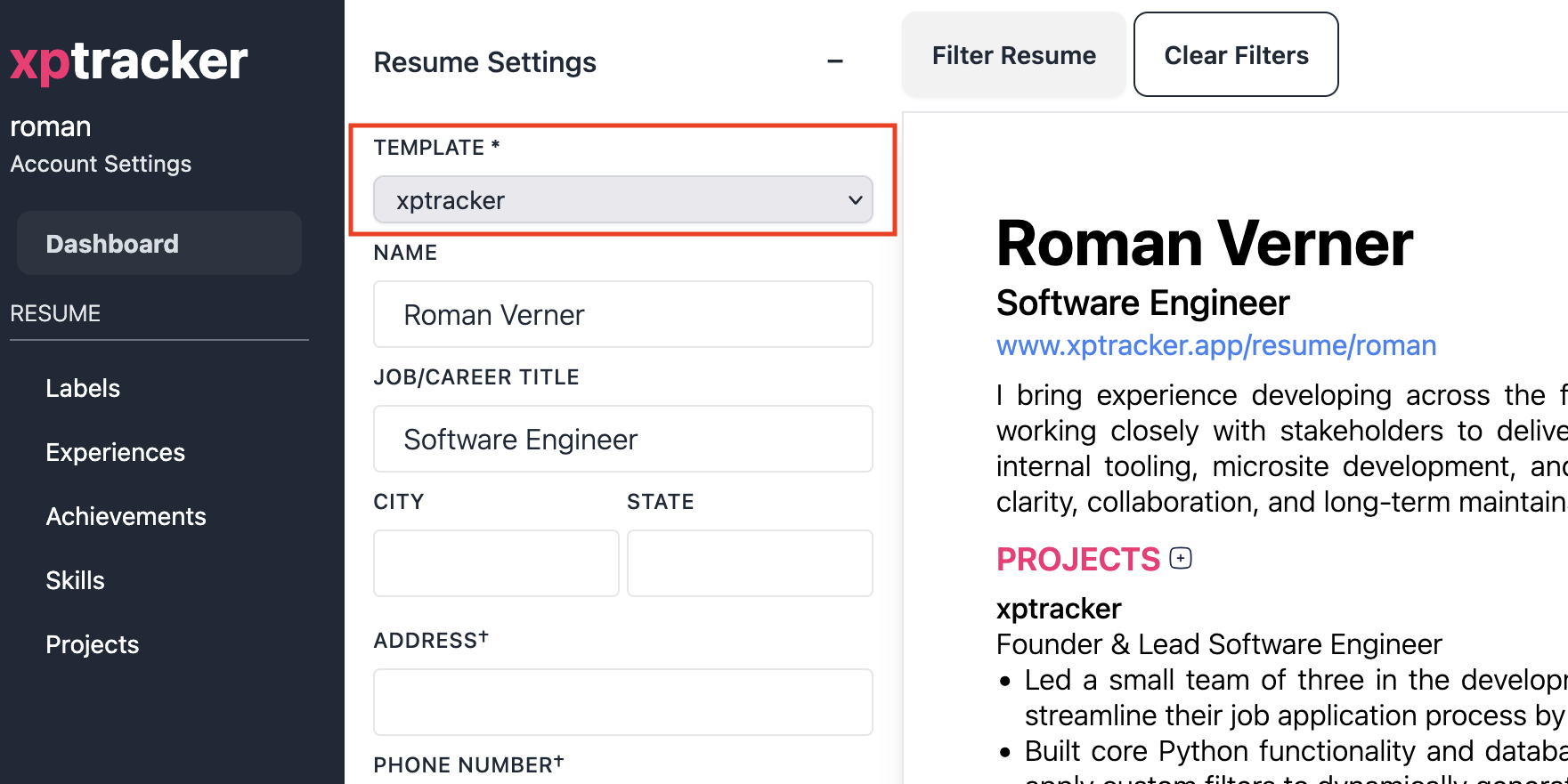 Screenshot of xptracker resume dashboard, showcasing new templates dropdown.